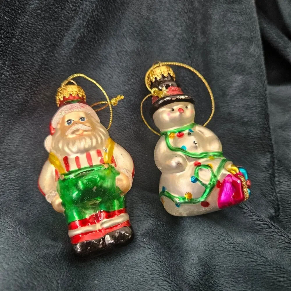 Vintage G. D. Blown Glass Santa & Snowman Christmas Tree Ornaments Set of 2